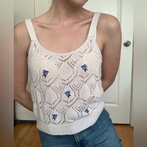 White knit cottagecore tank top with blue flowers